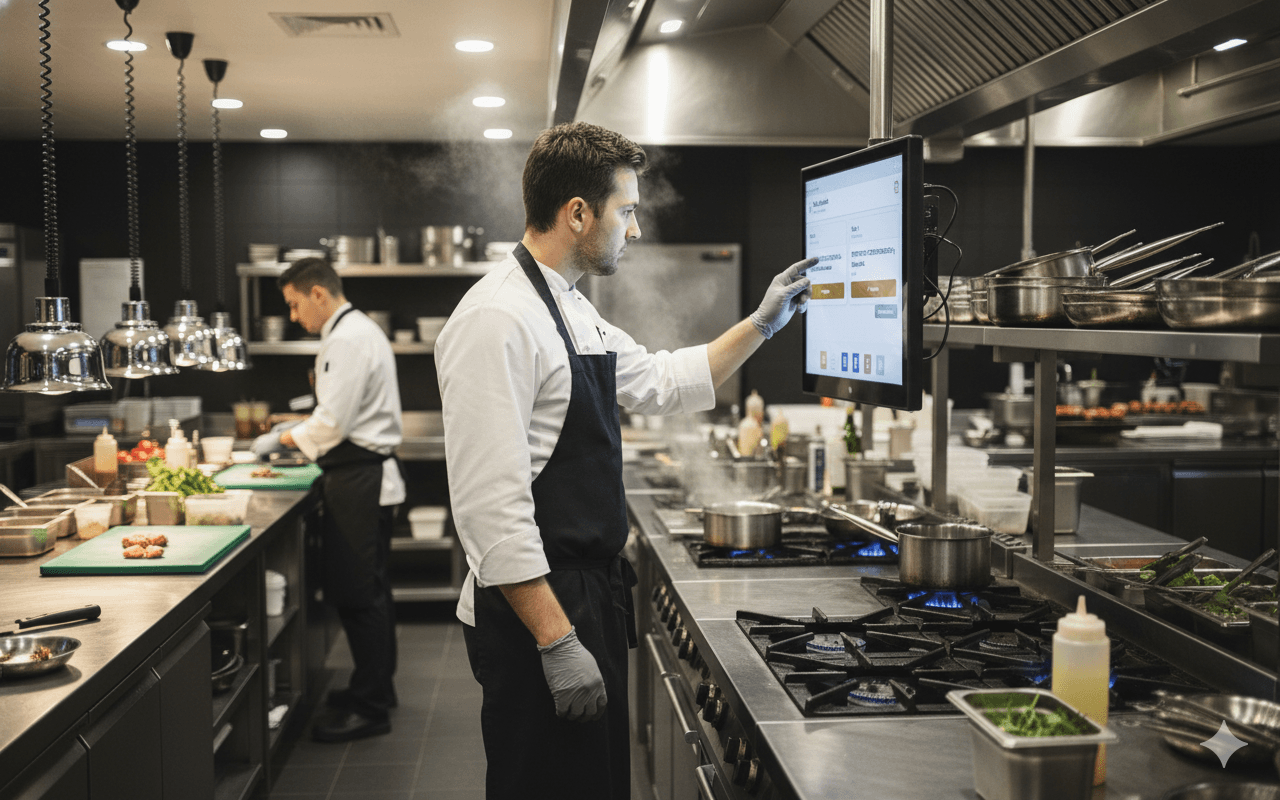Koch in der Küche mit Tablet